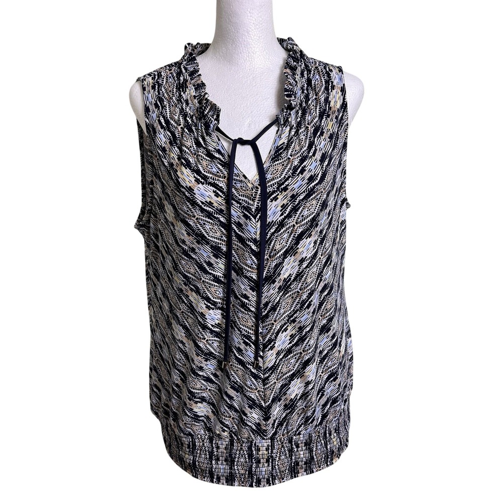 WHBM Boho Chic Smocked Hem Top | Med | Tribal Ikat Print Ruffle Tie‎ Neck